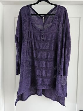 Free People Deep Purple Open-Knit Henley Tunic Oversized Medium Long Sleeve